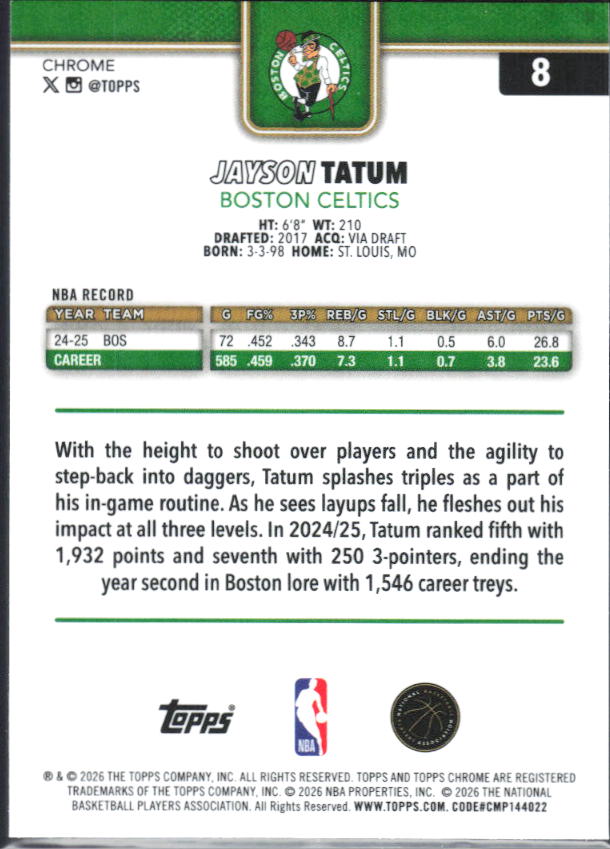 2025-26 Topps Chrome Update #8 Jayson Tatum - baksida