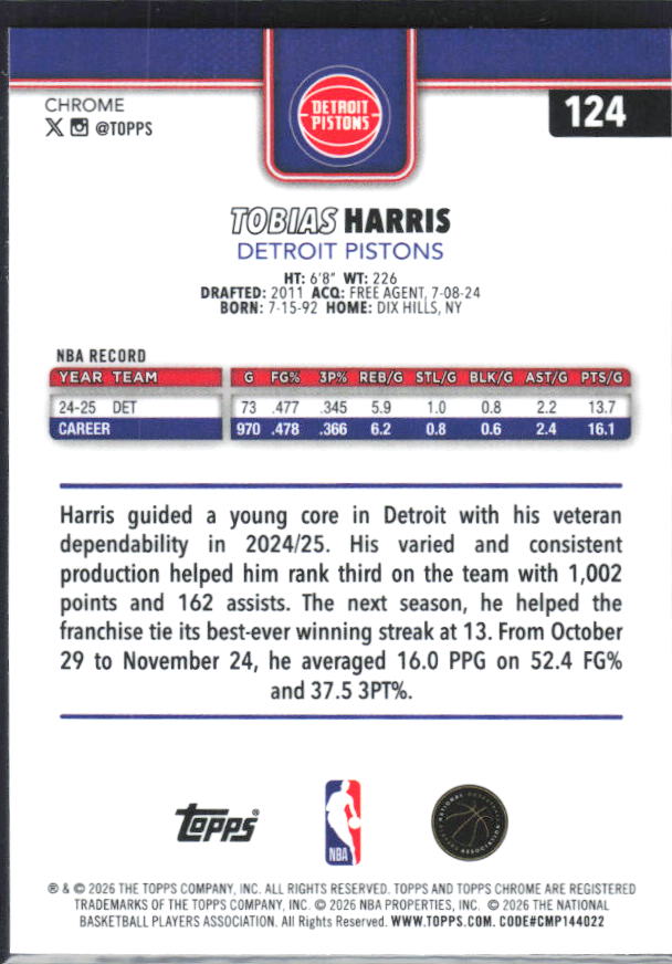 2025-26 Topps Chrome Update #124 Tobias Harris - baksida