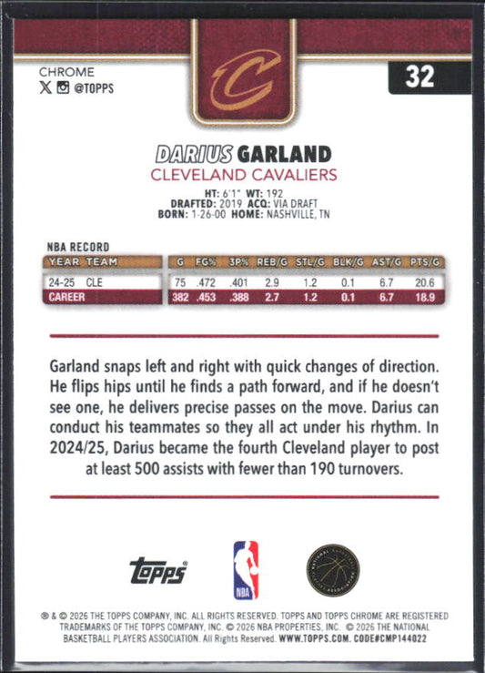 2025-26 Topps Chrome Update #32 Darius Garland - baksida
