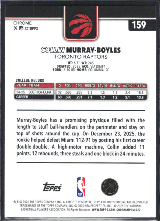 2025-26 Topps Chrome Update #159 Collin Murray-Boyles - baksida