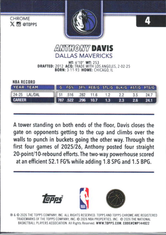 2025-26 Topps Chrome Update #4 Anthony Davis - baksida