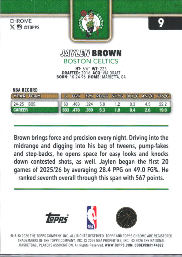 2025-26 Topps Chrome Update #9 Jaylen Brown - baksida
