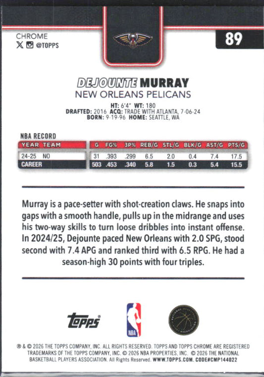 2025-26 Topps Chrome Update #89 Dejounte Murray - baksida