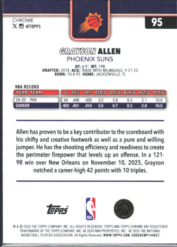 2025-26 Topps Chrome Update #95 Grayson Allen - baksida