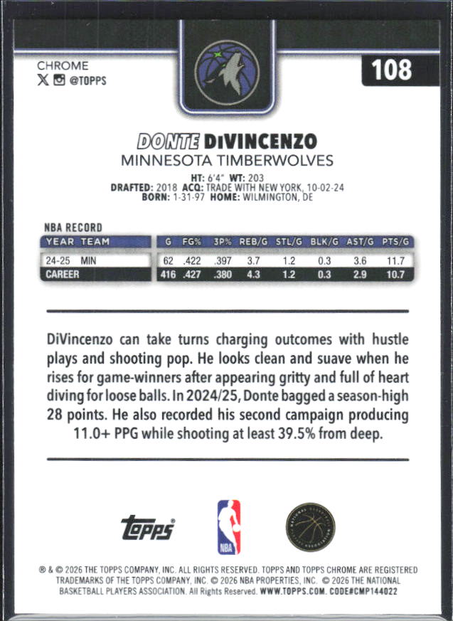 2025-26 Topps Chrome Update #108 Donte DiVincenzo - baksida