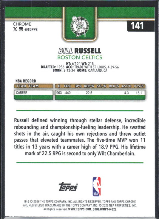 2025-26 Topps Chrome Update #141 Bill Russell - baksida
