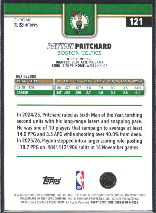 2025-26 Topps Chrome Update #121 Payton Pritchard - baksida