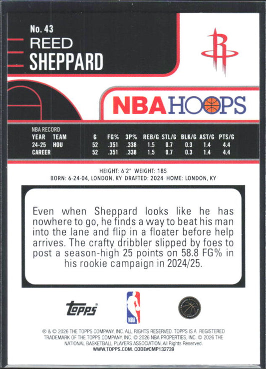 2025-26 Hoops #43 Reed Sheppard - baksida