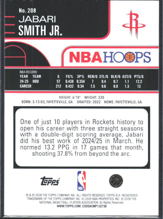 2025-26 Hoops #208 Jabari Smith Jr. Rainbow - baksida