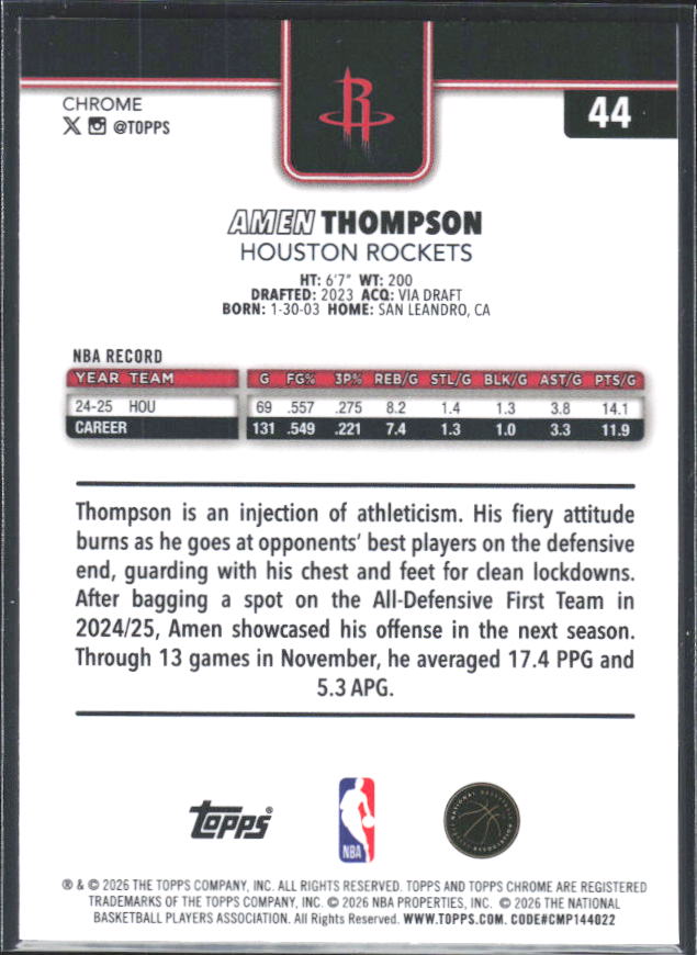 2025-26 Topps Chrome Update #44 Amen Thompson - baksida