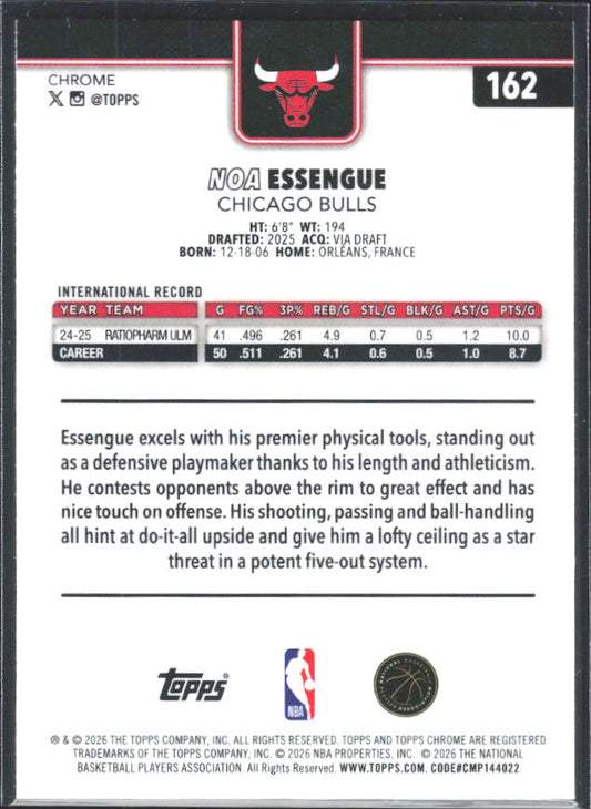 2025-26 Topps Chrome Update #162 Noa Essengue - baksida