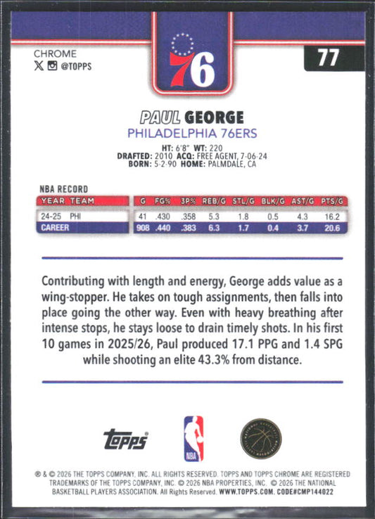2025-26 Topps Chrome Update #77 Paul George - baksida