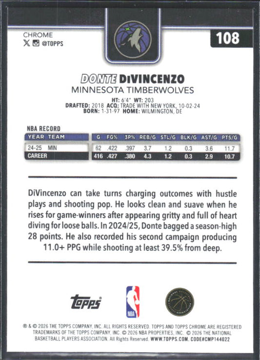 2025-26 Topps Chrome Update #108 Donte DiVincenzo - baksida