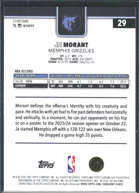 2025-26 Topps Chrome Update #29 Ja Morant - baksida