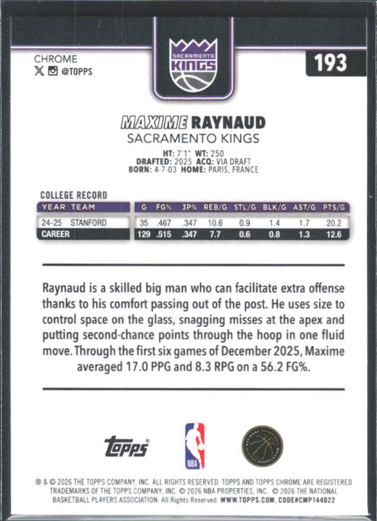 2025-26 Topps Chrome Update #193 Maxime Raynaud - baksida