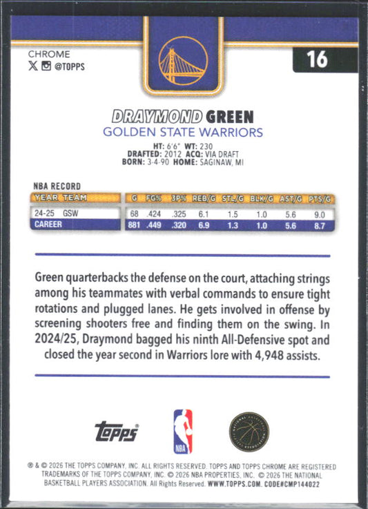 2025-26 Topps Chrome Update #16 Draymond Green RayWave Refractor - baksida
