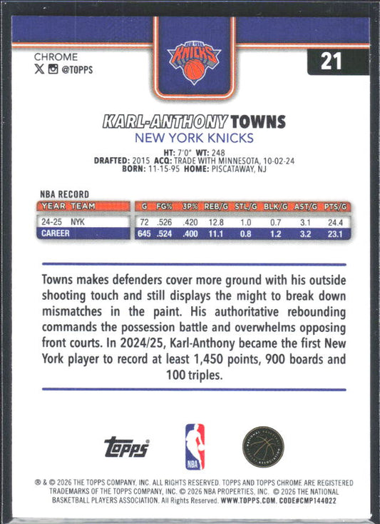 2025-26 Topps Chrome Update #21 Karl-Anthony Towns - baksida