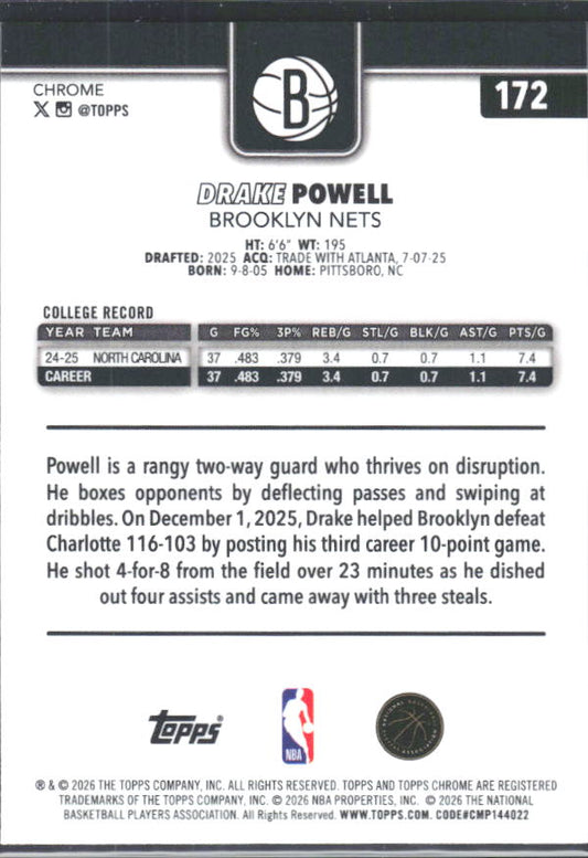 2025-26 Topps Chrome Update #172 Drake Powell - baksida