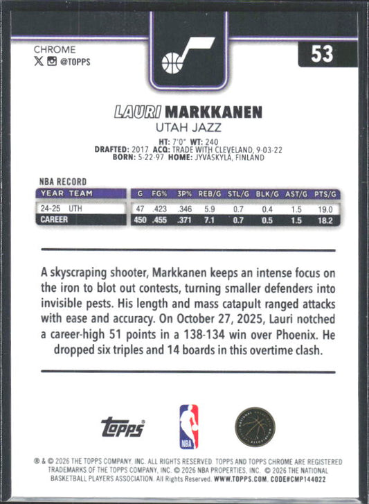 2025-26 Topps Chrome Update #53 Lauri Markkanen - baksida