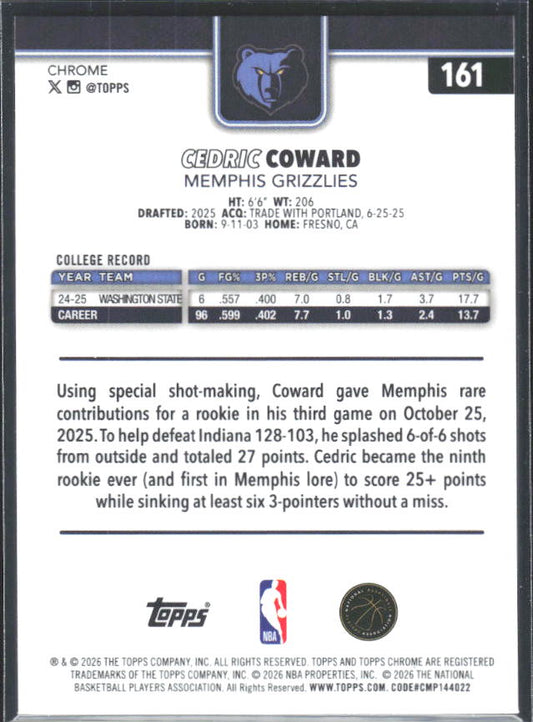 2025-26 Topps Chrome Update #161 Cedric Coward - baksida