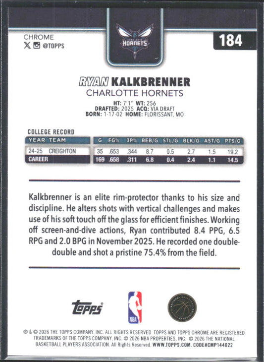 2025-26 Topps Chrome Update #184 Ryan Kalkbrenner - baksida