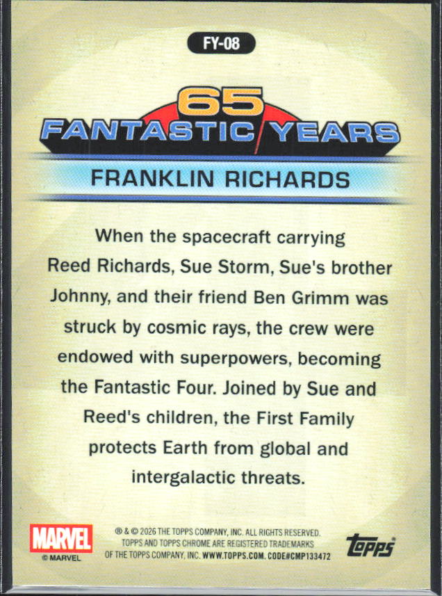 2026 Topps Chrome Marvel Comics #FY-08 Franklin Richards 65 Fantastic Years - baksida