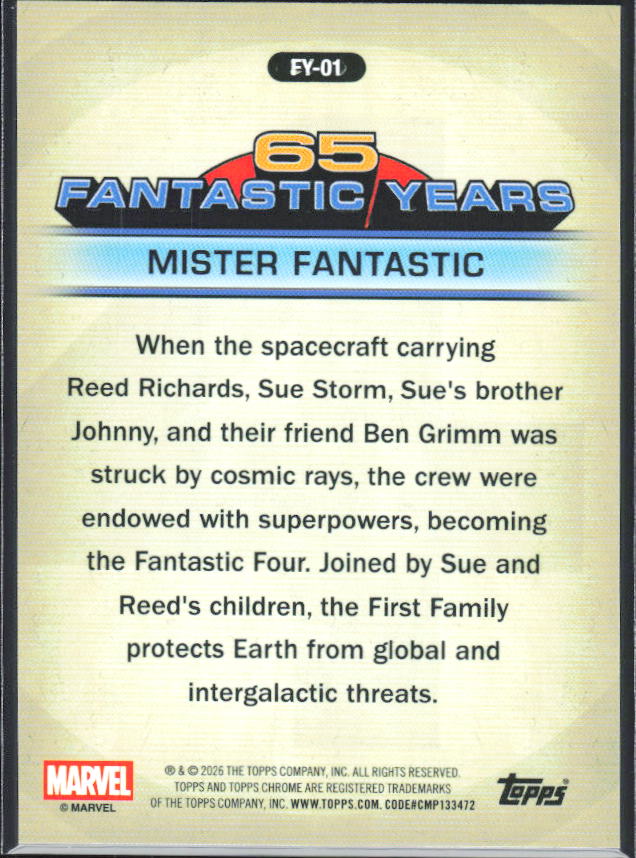 2026 Topps Chrome Marvel Comics #FY-01 Mister Fantastic 65 Fantastic Years - baksida