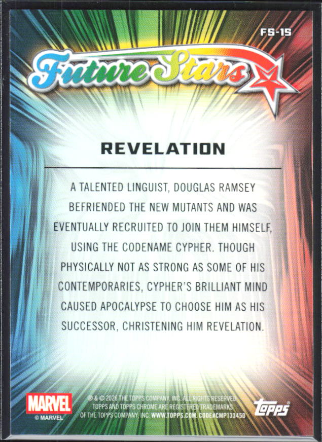 2026 Topps Chrome Marvel Comics #FS-15 Revelation Future Stars - baksida