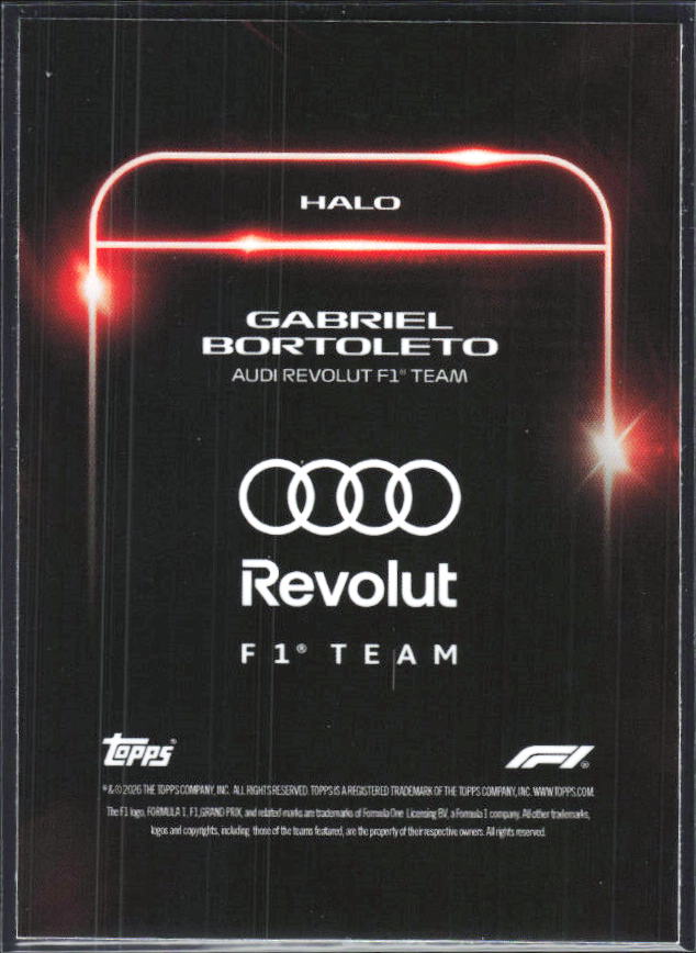 2026 Topps Formula 1 Lights Out Halo Gabriel Bortoleto - baksida