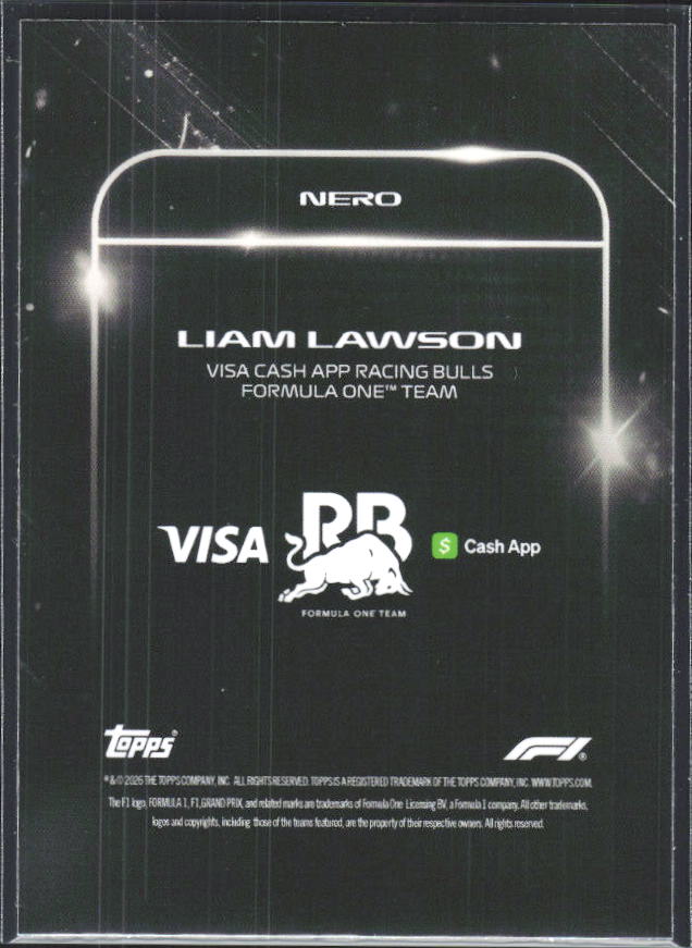 2026 Topps Formula 1 Lights Out Nero Liam Lawson - baksida