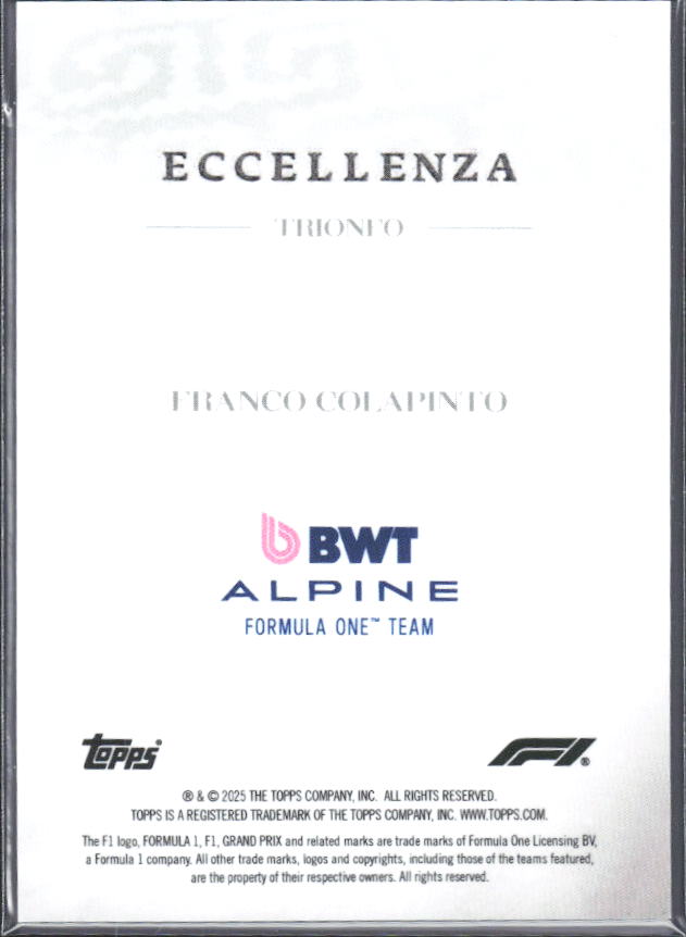 2025 Topps Formula 1 Eccellenza Trionfo Franco Colapinto - baksida