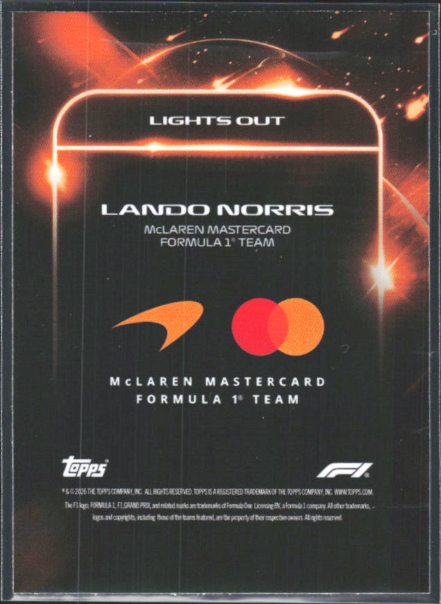 2026 Topps Formula 1 Lights Out Lights Out Lando Norris - baksida