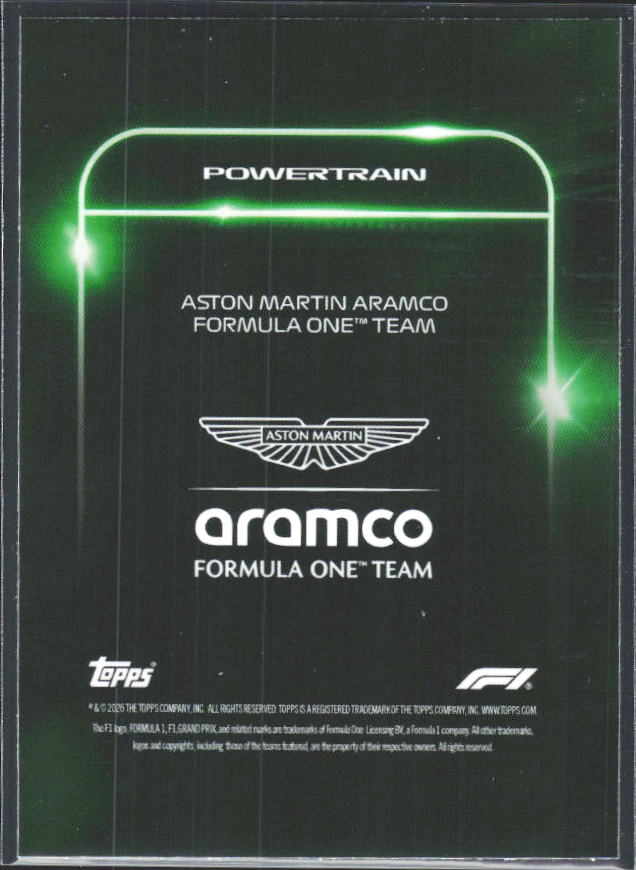 2026 Topps Formula 1 Lights Out Powertrain Adrian Newey / Fernando Alonso / Lance Stroll - baksida