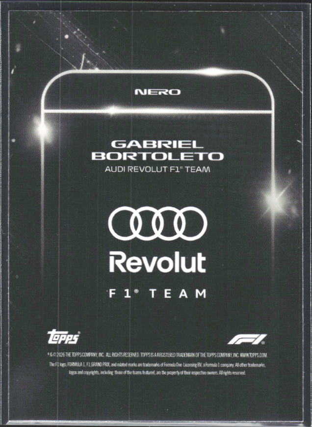 2026 Topps Formula 1 Lights Out Nero Gabriel Bortoleto - baksida