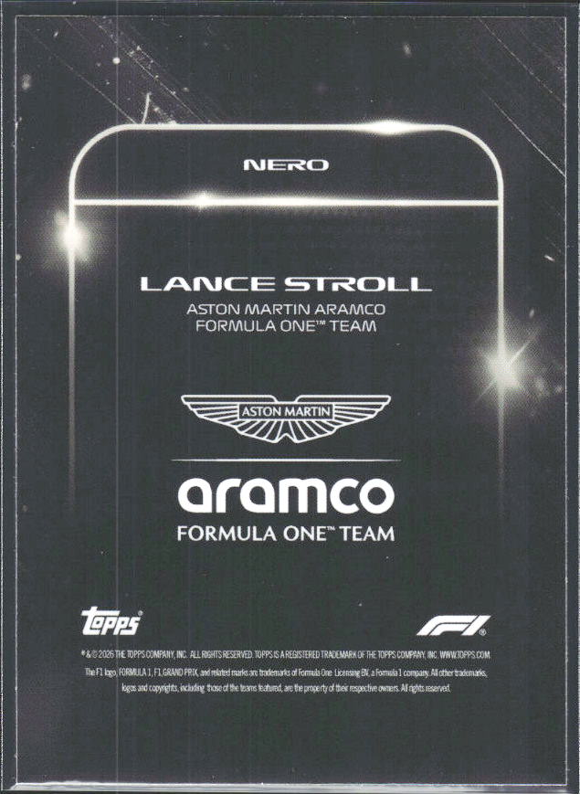 2026 Topps Formula 1 Lights Out Nero Lance Stroll - baksida