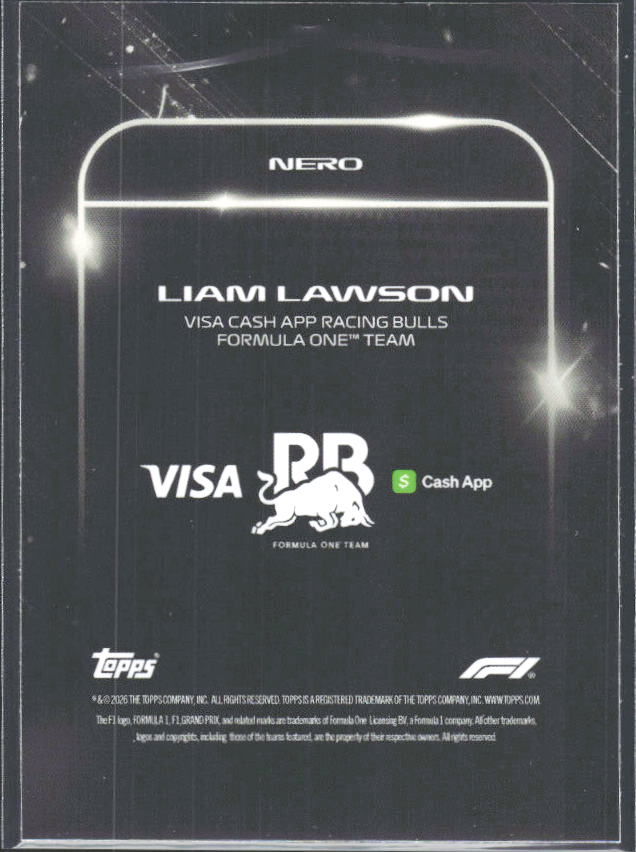 2026 Topps Formula 1 Lights Out Nero Liam Lawson - baksida