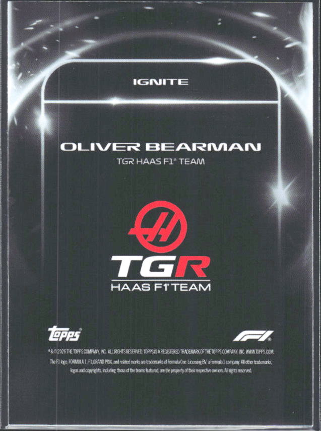 2026 Topps Formula 1 Lights Out Ignite Oliver Bearman - baksida