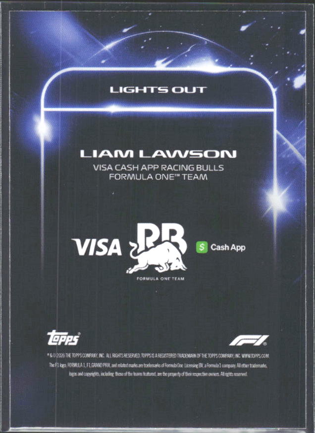 2026 Topps Formula 1 Lights Out Lights Out Liam Lawson - baksida