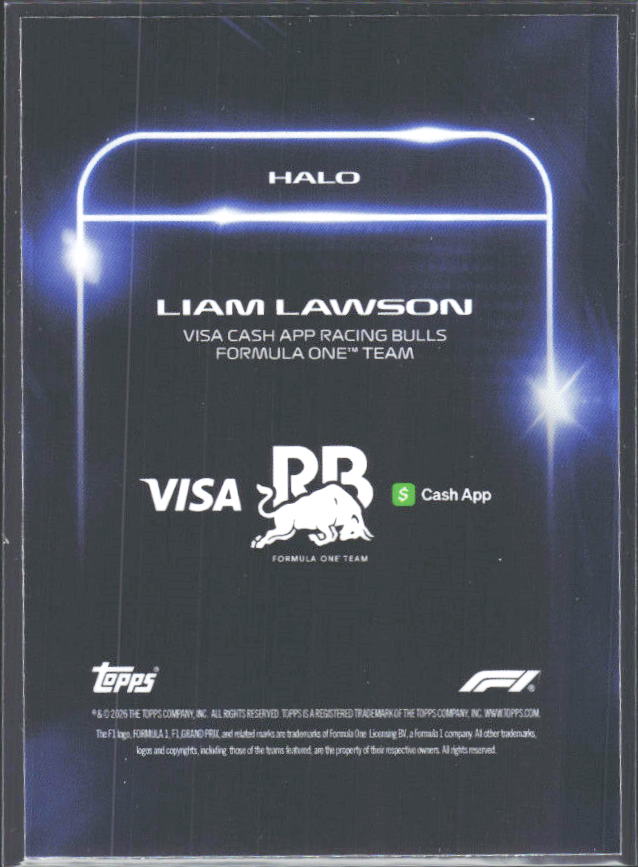 2026 Topps Formula 1 Lights Out Halo Liam Lawson - baksida