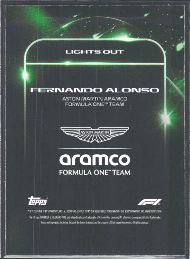 2026 Topps Formula 1 Lights Out Lights Out Fernando Alonso - baksida
