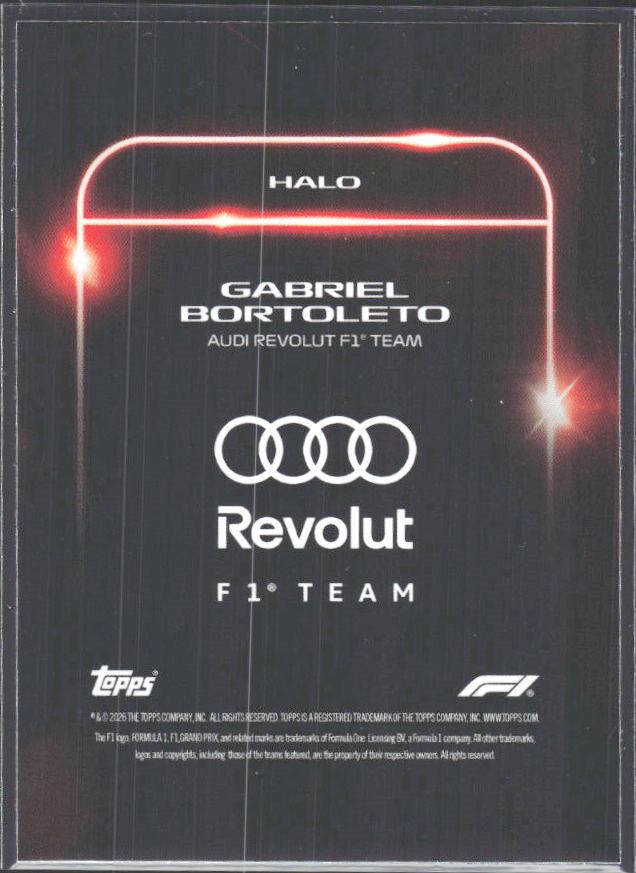 2026 Topps Formula 1 Lights Out Halo Gabriel Bortoleto - baksida