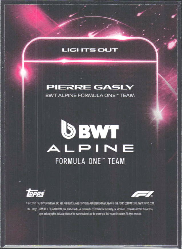 2026 Topps Formula 1 Lights Out Lights Out Pierre Gasly - baksida