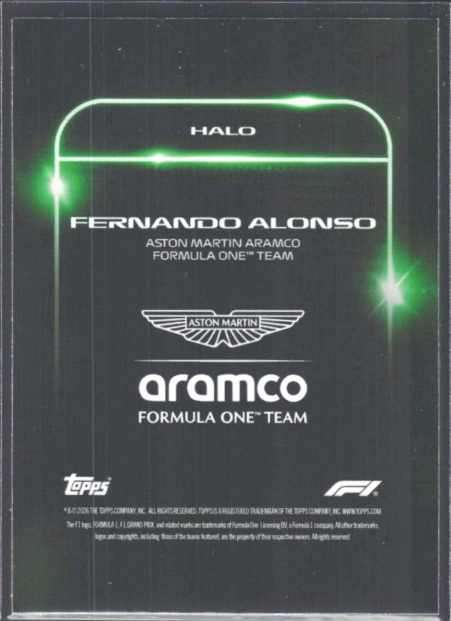 2026 Topps Formula 1 Lights Out Halo Fernando Alonso - baksida