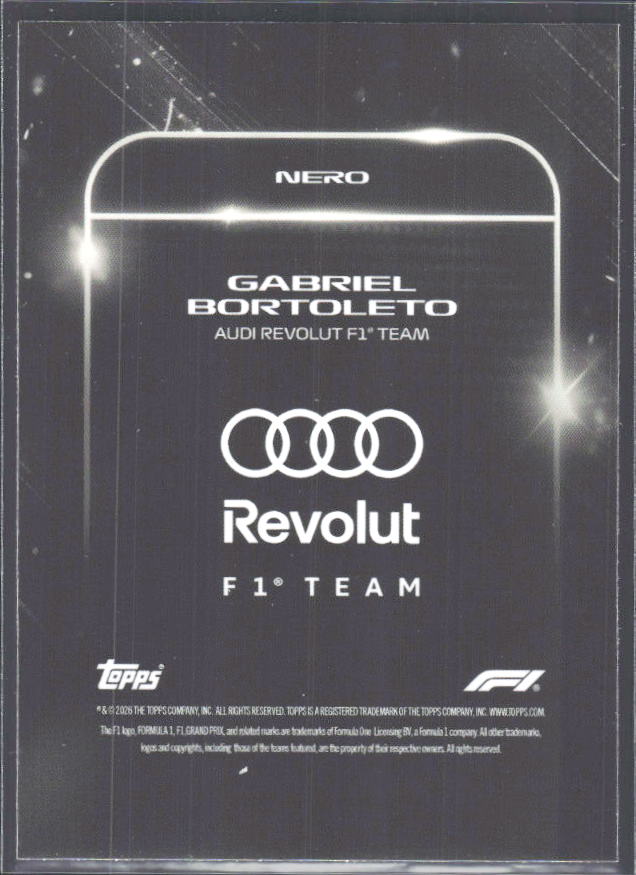 2026 Topps Formula 1 Lights Out Nero Gabriel Bortoleto - baksida