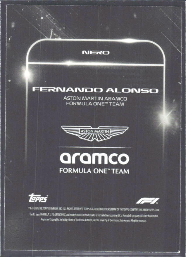 2026 Topps Formula 1 Lights Out Nero Fernando Alonso - baksida
