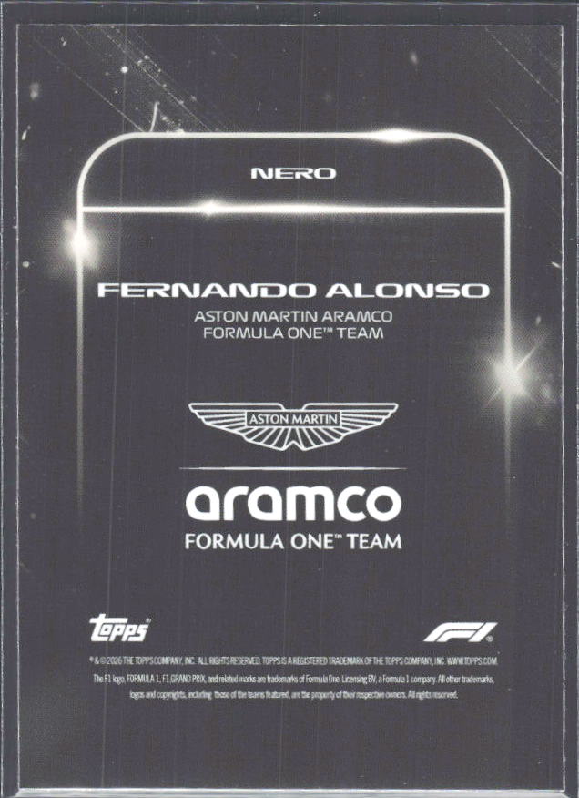 2026 Topps Formula 1 Lights Out Nero Fernando Alonso - baksida