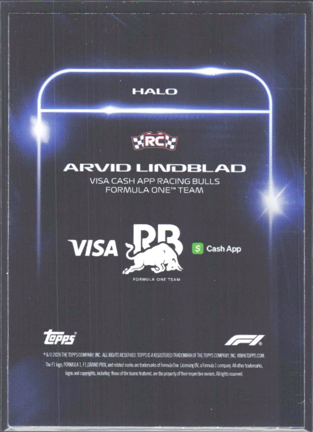 2026 Topps Formula 1 Lights Out Halo Arvid Lindblad - baksida