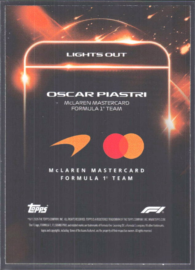 2026 Topps Formula 1 Lights Out Lights Out Oscar Piastri - baksida