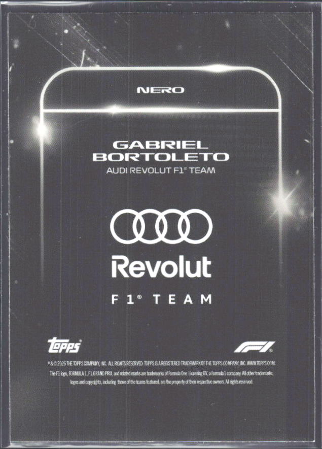 2026 Topps Formula 1 Lights Out Nero Gabriel Bortoleto - baksida