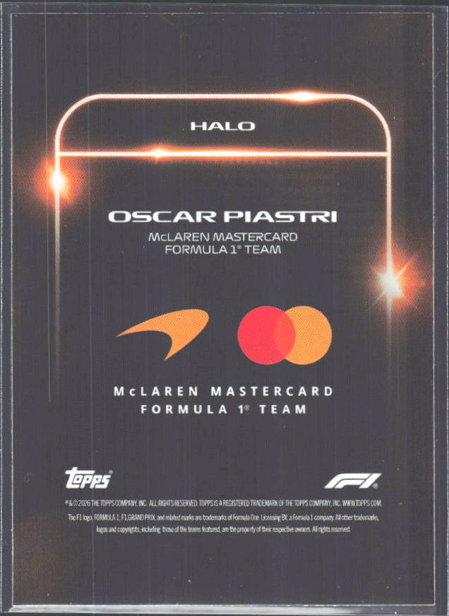 2026 Topps Formula 1 Lights Out Halo Oscar Piastri - baksida